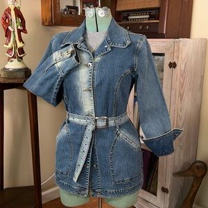 Vintage Y2K Studded Jean Jacket Faded Flattering Grommet Belt 2000s Streetstyle